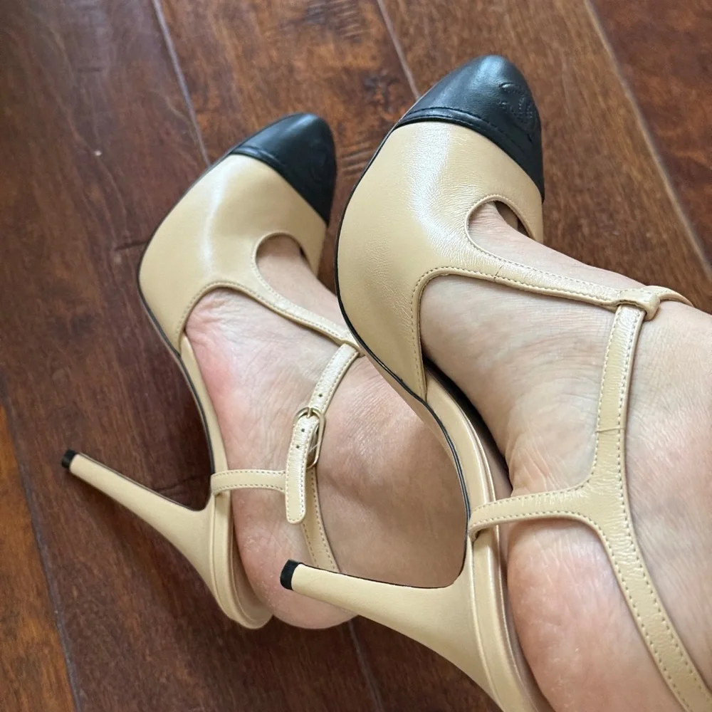 CHANEL Beige and Black Heels - Picture 10 of 12